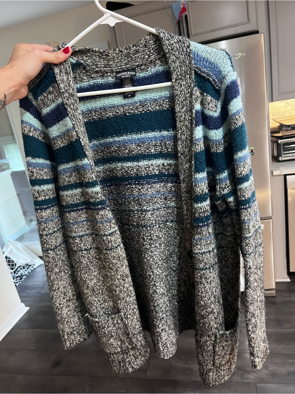 Canyon River Blues Striped Knit Cardigan Sweater Gray Blue L